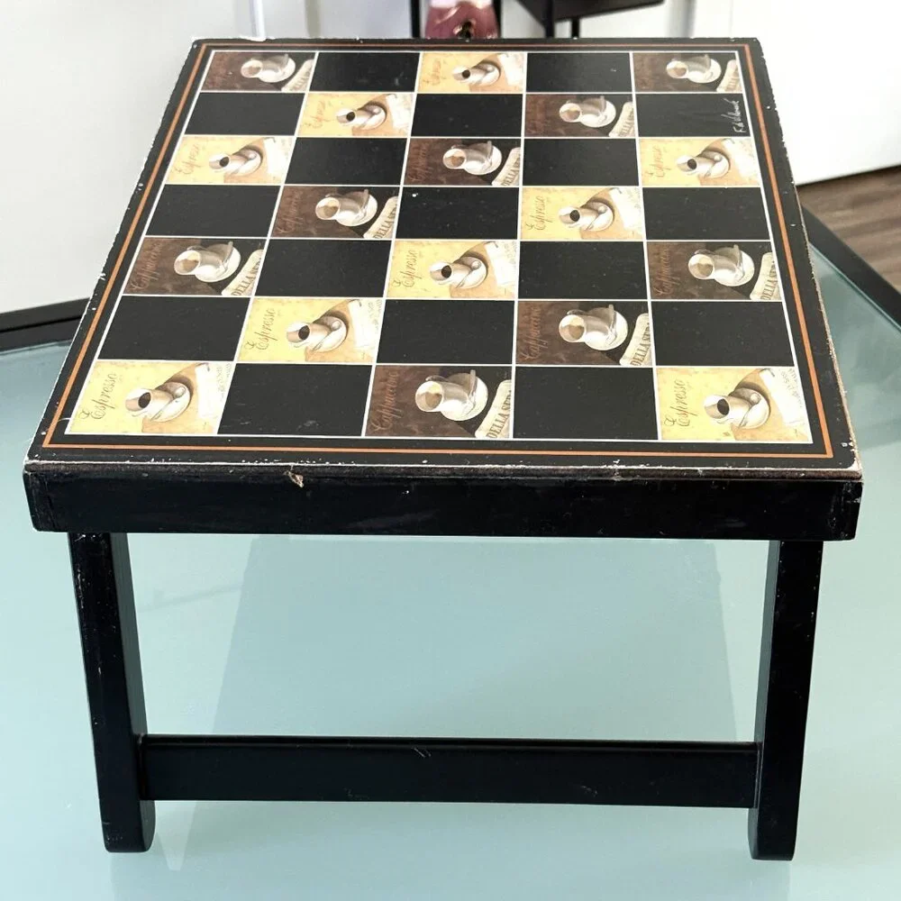 Chess Board Table Vintage Wooden Checkers Combo Game Autor Signed Making a Coffe - Picture 3 of 11
